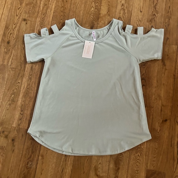 NWT Watermelon Dusty Blue & Seafoam Cold Shoulder Top | Cutout Sleeve | M - Picture 1 of 7